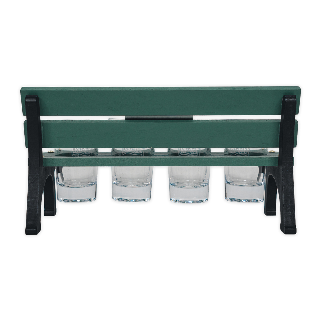 Hertha Gründungsbank mit Schnapsgläsern Rückansicht 