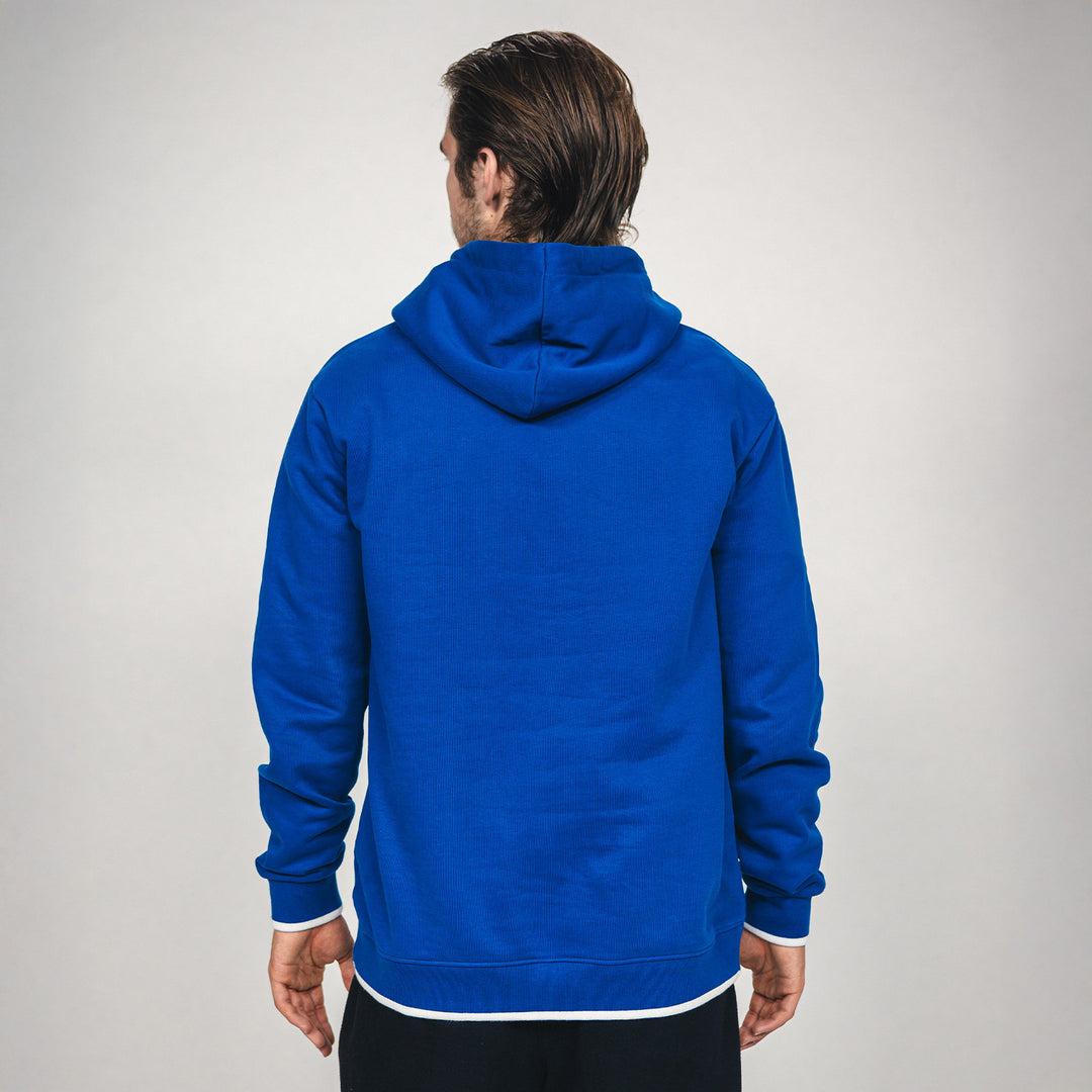 Hertha Hoodie College Blau Rückansicht mit Kapuze ab
