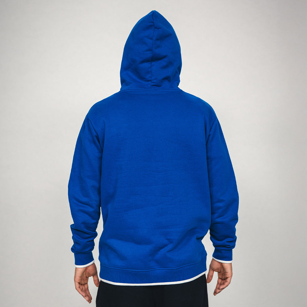 Hertha Hoodie College Blau Rückansicht mit Kapuze auf