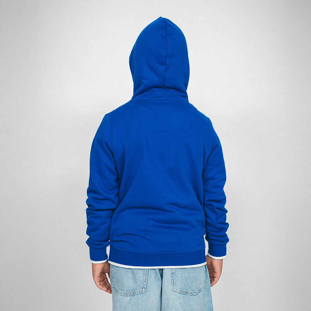 Hertha Hoodie College Blau Kids Rückansicht mit Kapuze auf